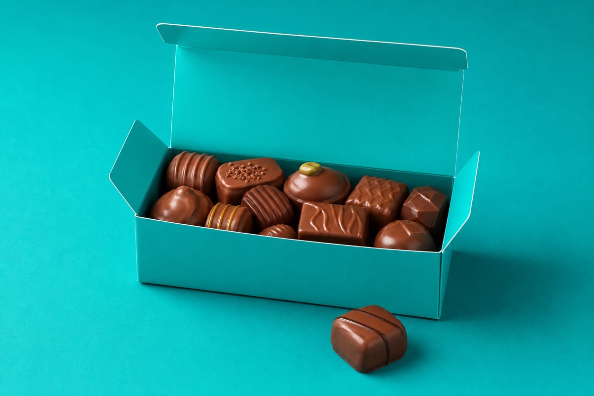 Ballotin turquoise ouvert, chocolats lait et pralinés